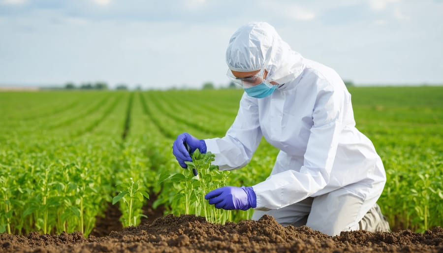 Agricultural researcher taking soil samples for carbon content analysis in an established alfalfa field