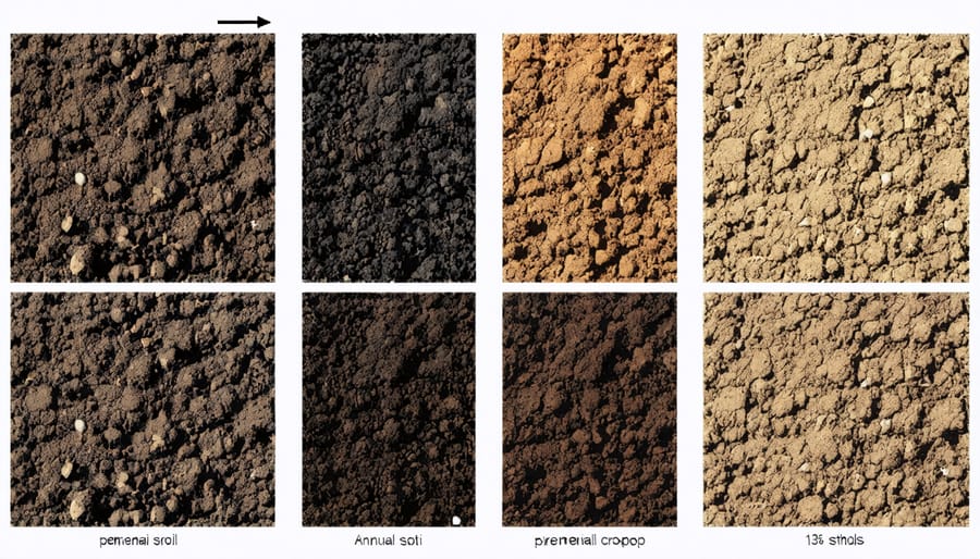 Side-by-side comparison of soil samples: depleted annual cropland soil versus rich, structured perennial cropland soil