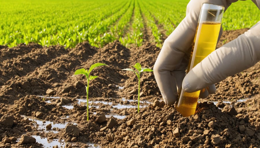 Farmer using digital soil testing equipment to analyze soil health in cropland