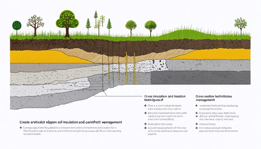 Cross-sectional illustration of soil insulation methods for permafrost-affected farmland