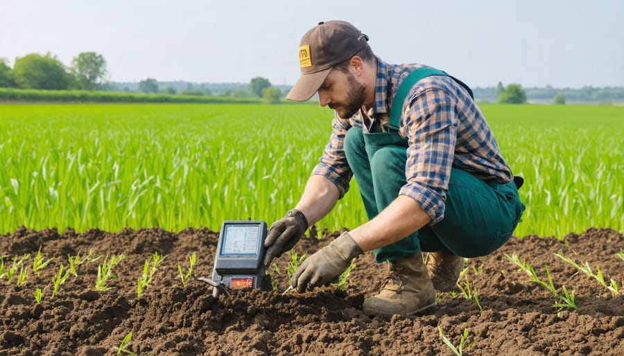 Agricultural professional taking soil samples using specialized testing tools