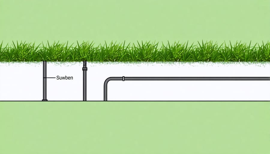 Technical illustration of subsurface irrigation system layers including soil, tubing, and root zone