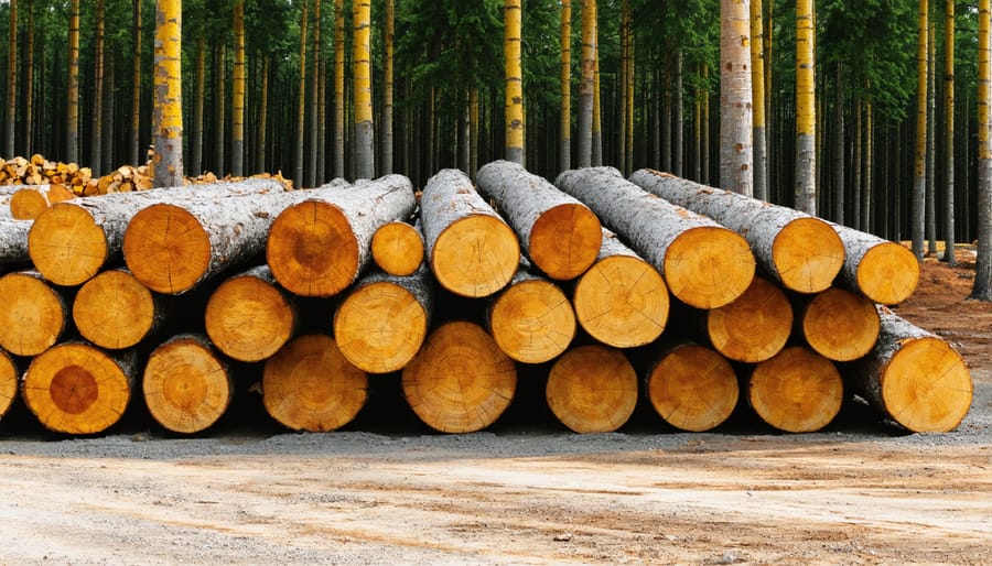 Modern timber processing facility with workers sorting and processing locally harvested logs