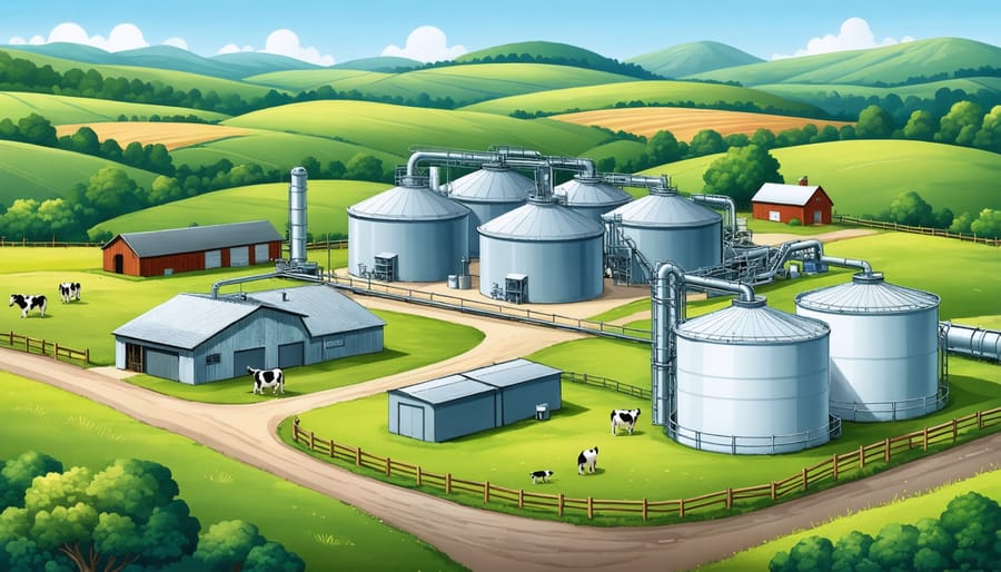 Large-scale biogas installation at an Alberta dairy farm with digesters and connected power generation units