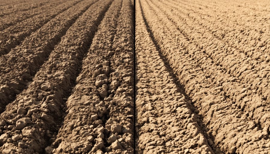 Split image showing structural differences between tilled and no-till soil, highlighting carbon retention