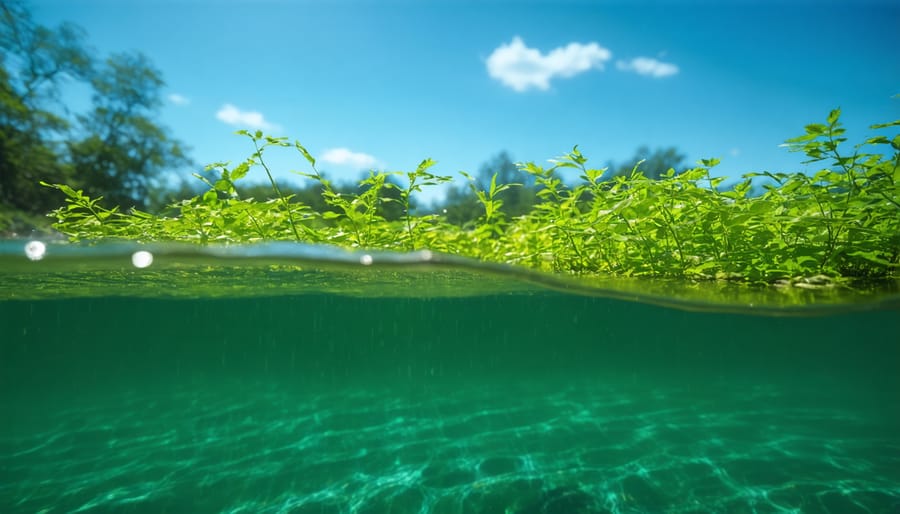 Underwater view of native aquatic plants anchoring soil along a stream bank