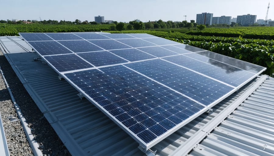 Solar panel array installed on urban farm building with greenhouse in background