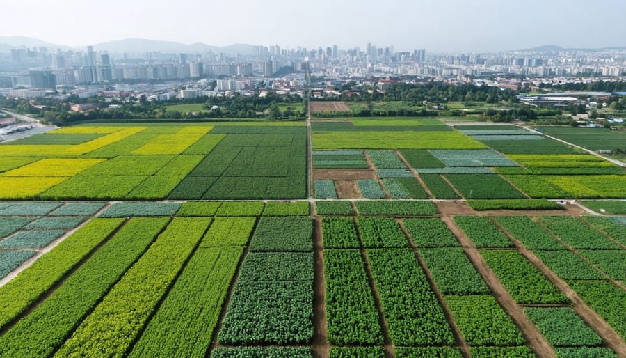 Aerial view of organic farmland meeting urban development in Alberta