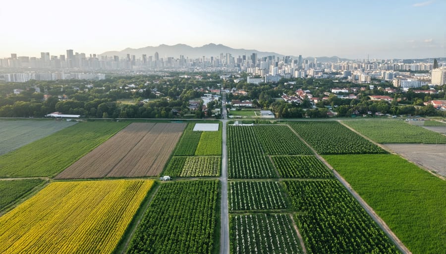 Aerial view of organic farmland meeting urban development in Alberta