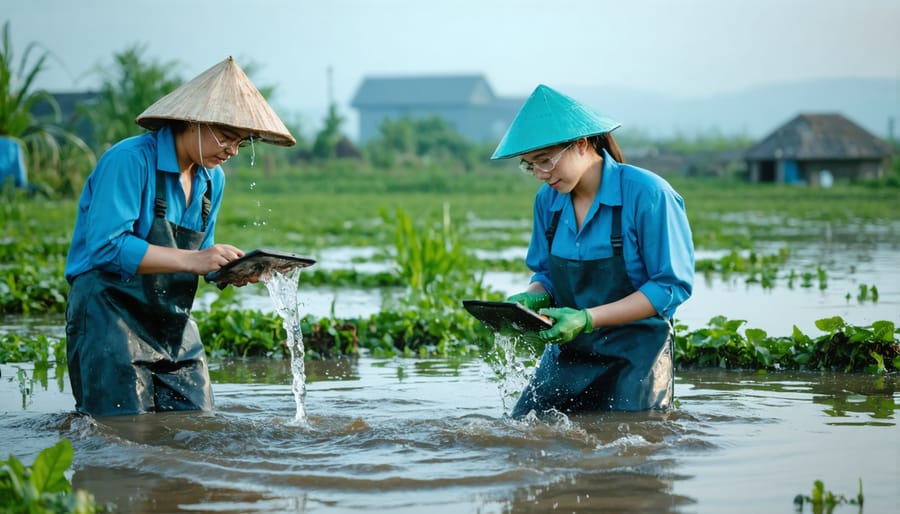 Aquaculture technician testing water quality in sustainable fish farm