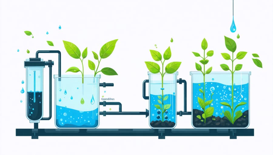 Technical illustration showing components of an organic hydroponic water recycling system