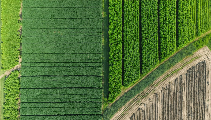 Aerial view of farmland demonstrating diverse crop rotation and soil management techniques