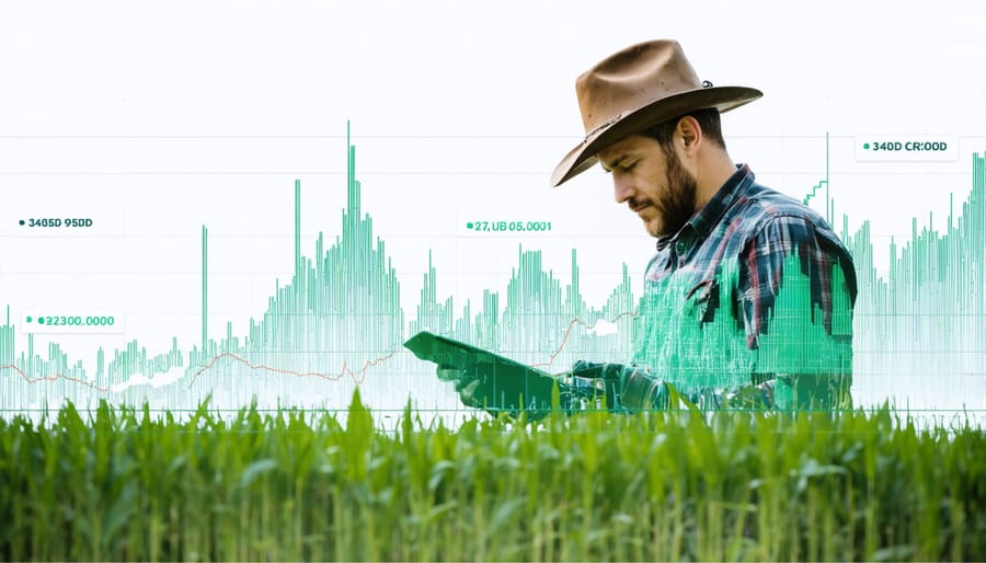 Farmer in field inspecting cover crops with superimposed graphs showing cost savings and profit increases