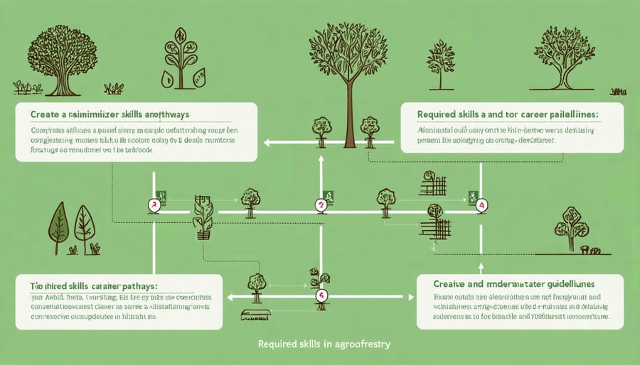 Visual diagram of agroforestry career paths showing required qualifications and salary ranges