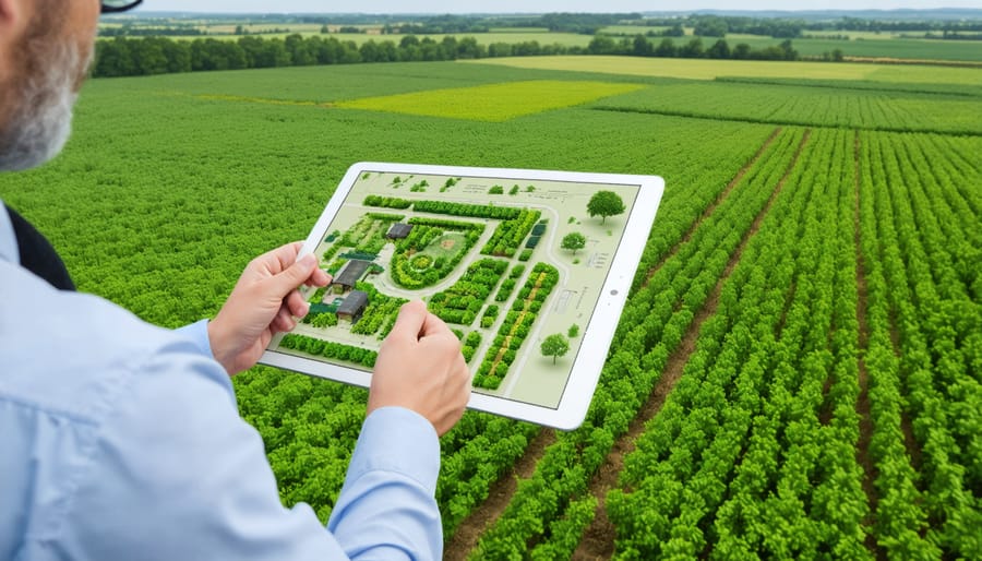 Agroforestry system designer working with digital mapping software and terrain models