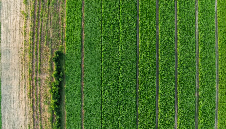 Birds-eye view of a diversified farm showing multiple crop types and ecological buffer zones
