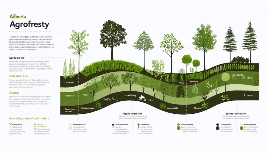 Diagram illustrating different layers of forest garden plants with examples of climate-appropriate species