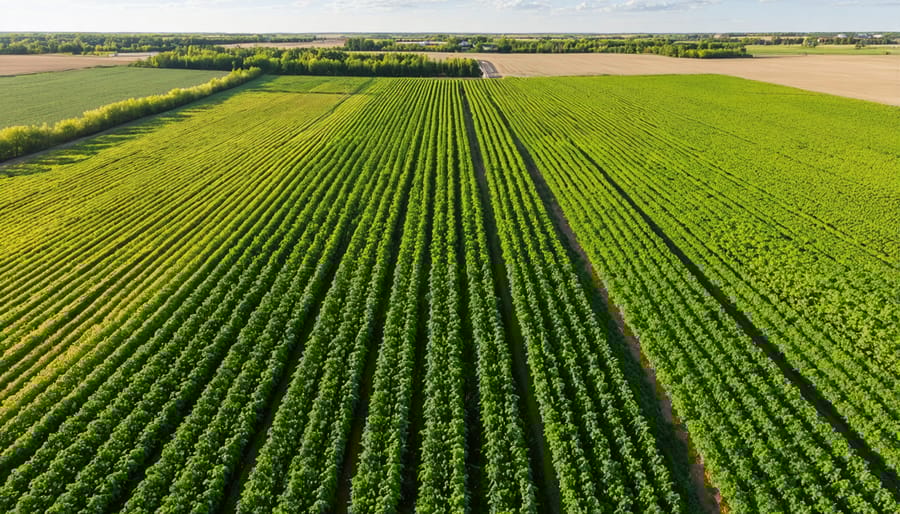 Aerial view of alley cropping system showing parallel rows of trees between crop fields