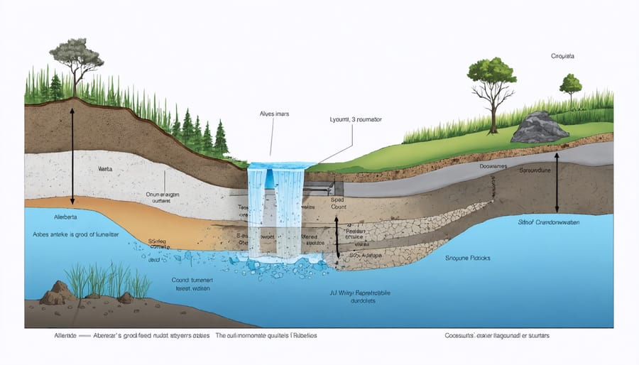 Illustrated cross-section of Alberta's aquifer network showing different water table levels and geological layers