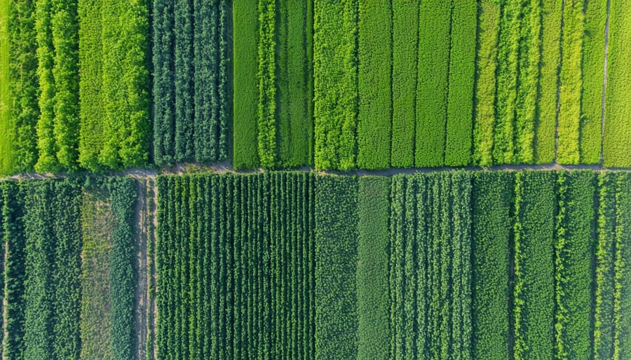 Bird's eye view of a diverse organic farm landscape showing multiple crop varieties in rotation
