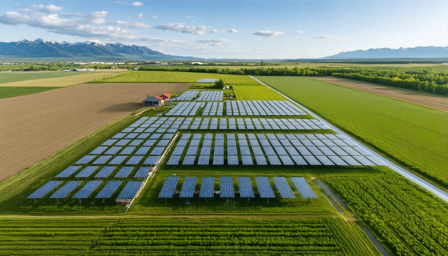 Birds-eye view of organic farm with visible rainwater harvesting infrastructure