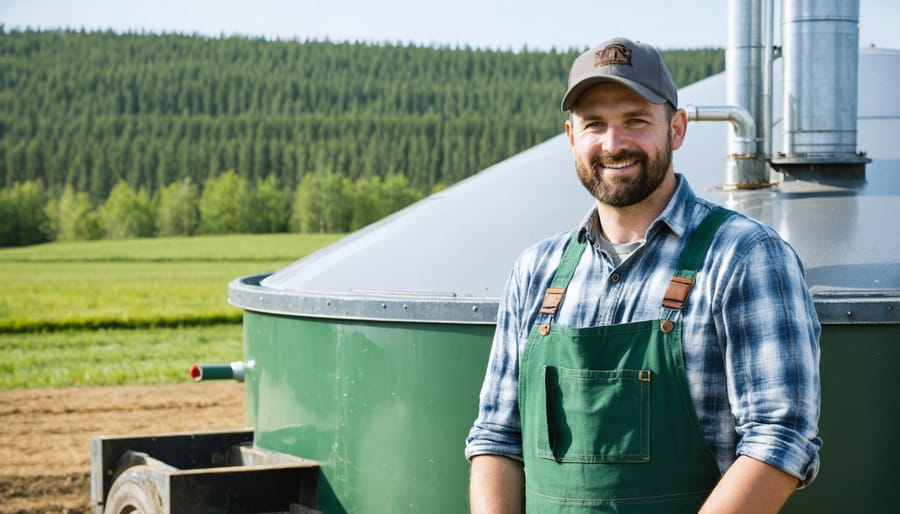 Farmer explaining their biodigester system with storage tanks and monitoring equipment visible