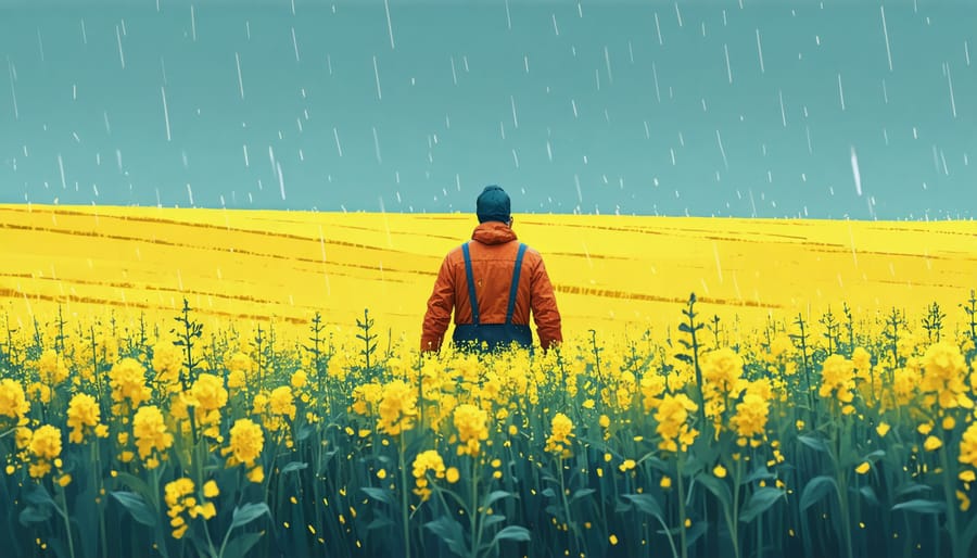 Successful Alberta farmer inspecting healthy climate-resistant canola crops during challenging weather conditions