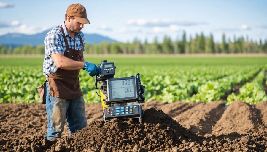 Farmer conducting soil tests on mature plant-based compost in field setting