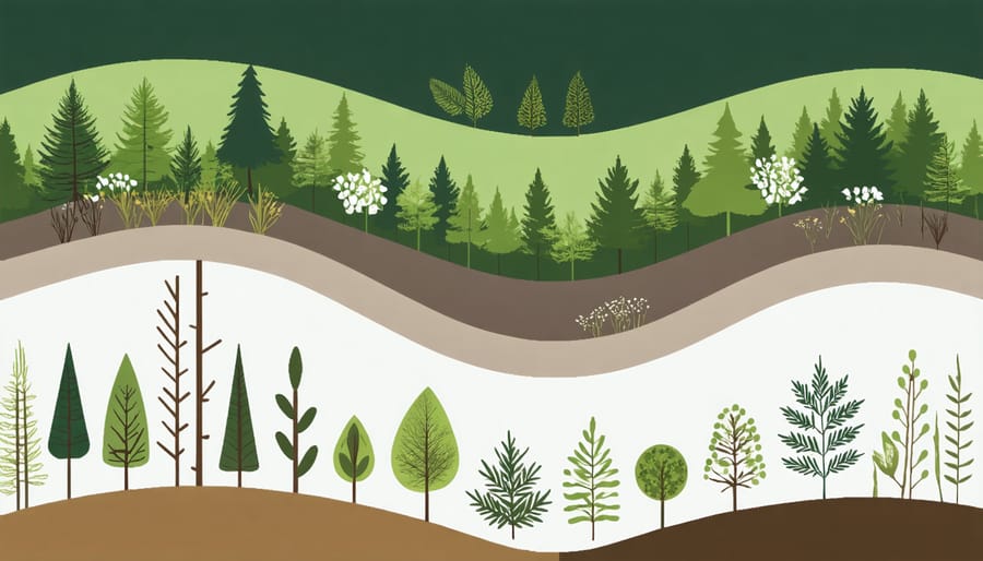Illustrated diagram of forest garden layers including canopy, understory, shrubs, and ground cover