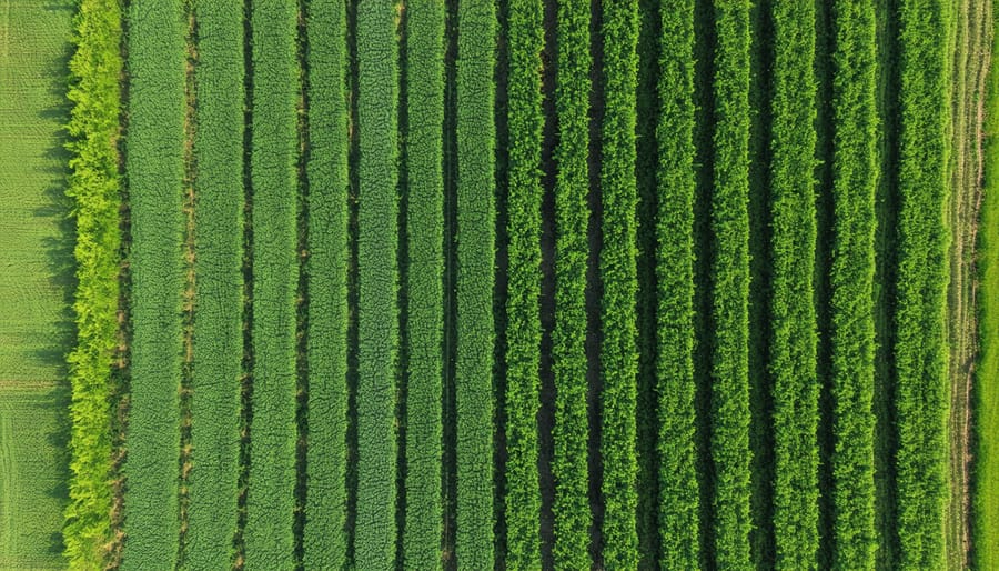 Bird's eye view of a diversified organic farm with multiple crop sections and natural buffers