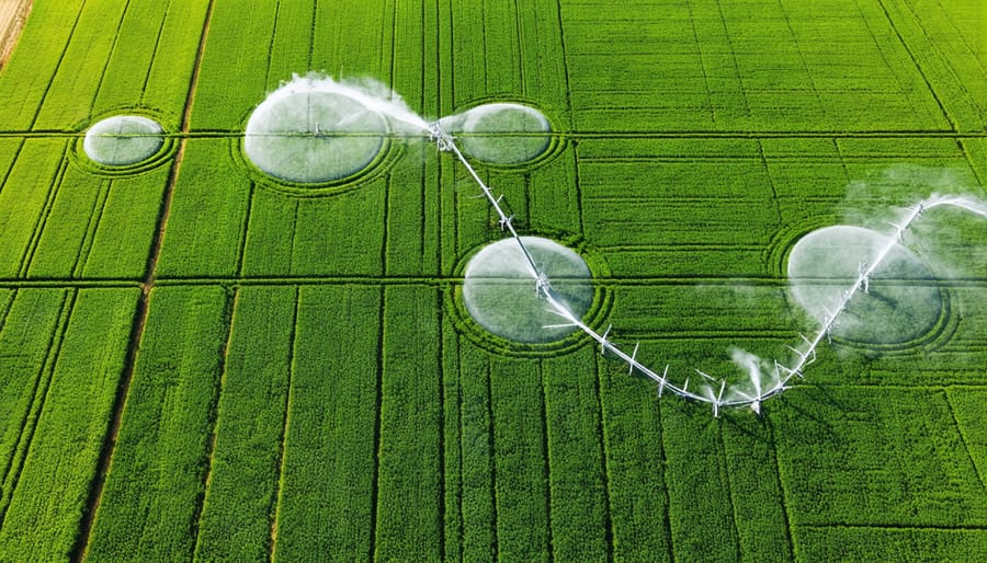 Modern center pivot irrigation systems creating circular patterns across Alberta agricultural fields