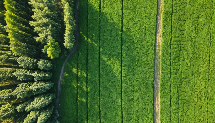 Bird's eye view of a diverse agroforestry farm with cattle grazing between rows of trees
