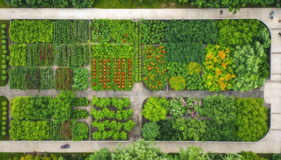 Bird's eye view of an urban forest garden with diverse vegetation and walking paths