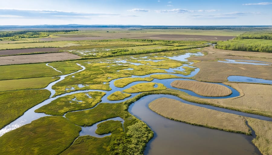 Bird's eye view of a diverse wetland ecosystem bordering farmland in Alberta