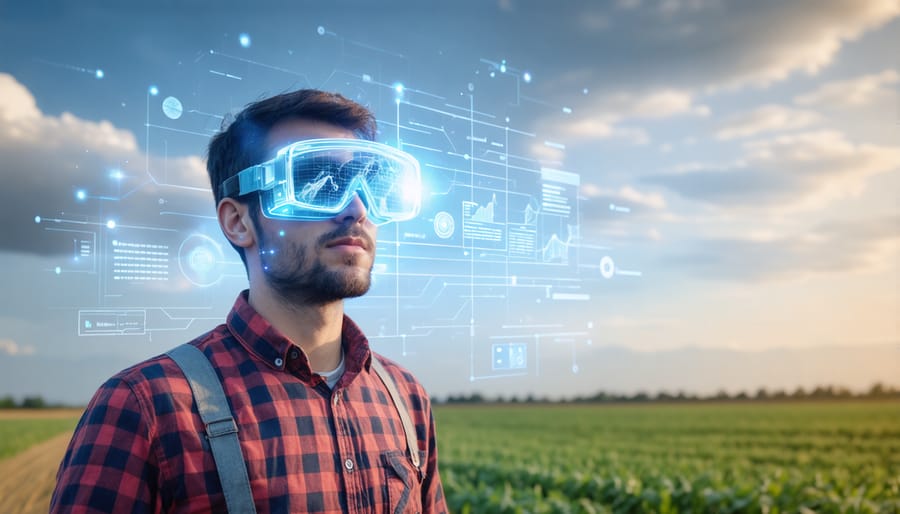 Agricultural worker using AR headset to analyze soil health with digital overlays