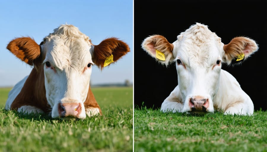 Comparison showing diverse heritage cattle breeds on left and uniform modern Holstein dairy cows on right