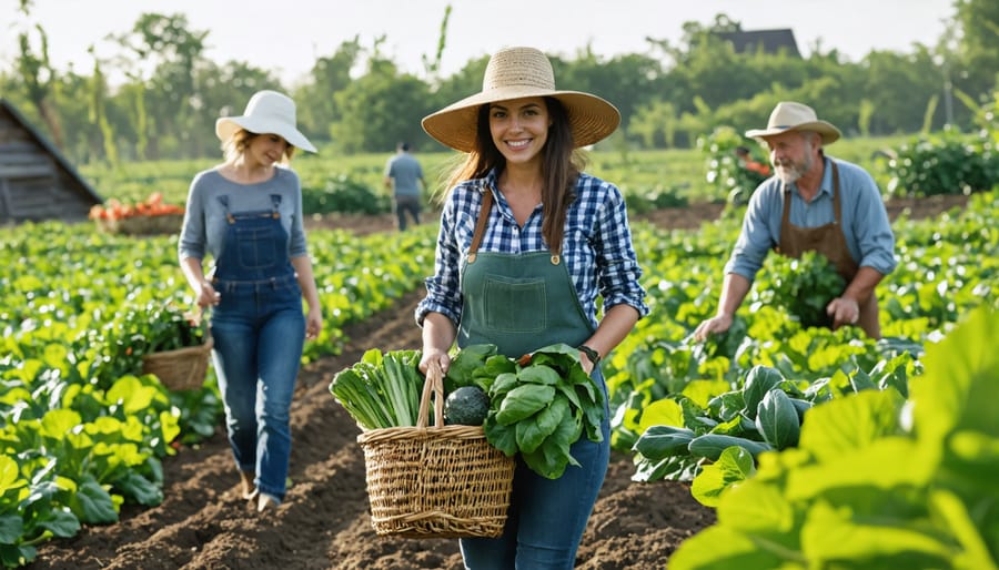 Group of people harvesting forest garden products together in a collaborative setting