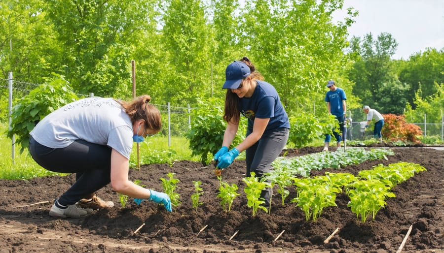 Diverse group of people planting trees and shrubs in a community garden setting