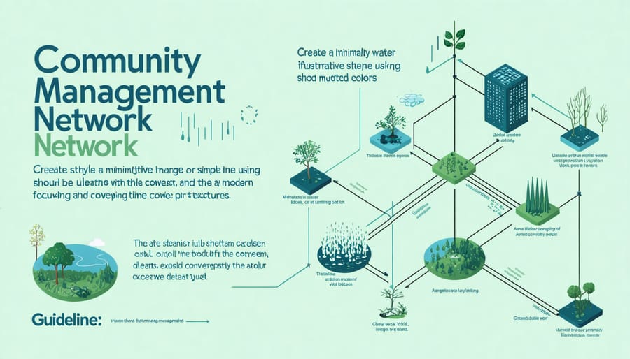 Diagram illustrating connections between farms, water resources, and community management systems