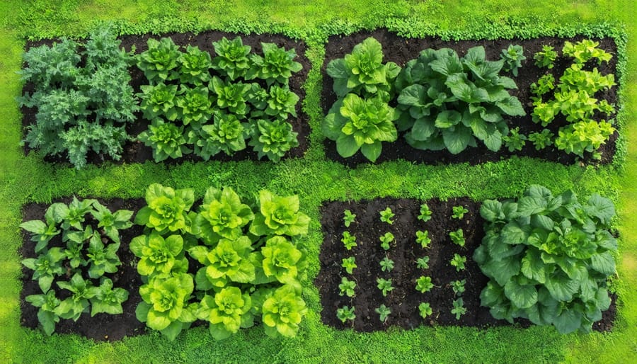 Drone shot of Alberta farm showing strategic companion planting patterns in crop fields