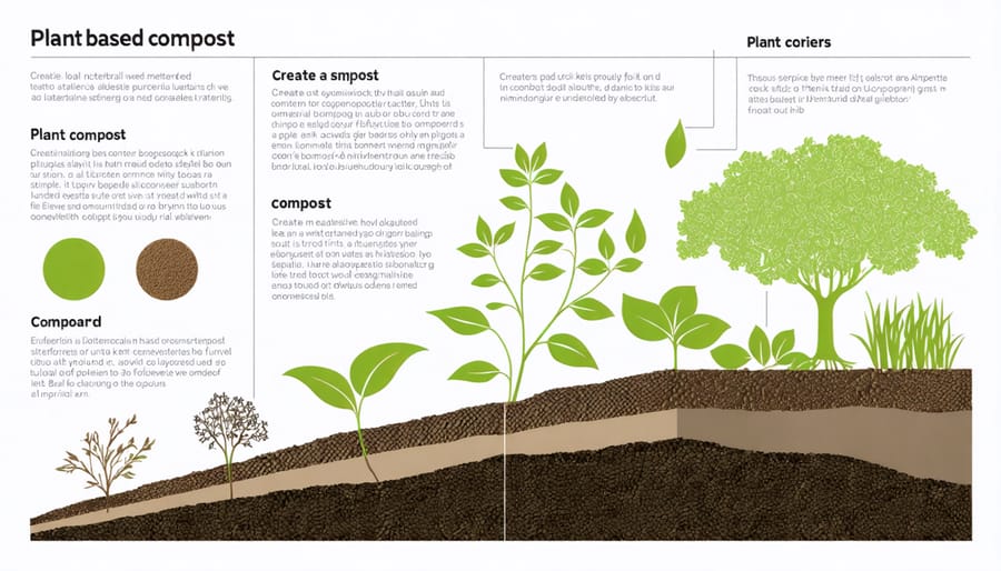 Illustrated layers of a compost pile showing green and brown materials with proper ratios