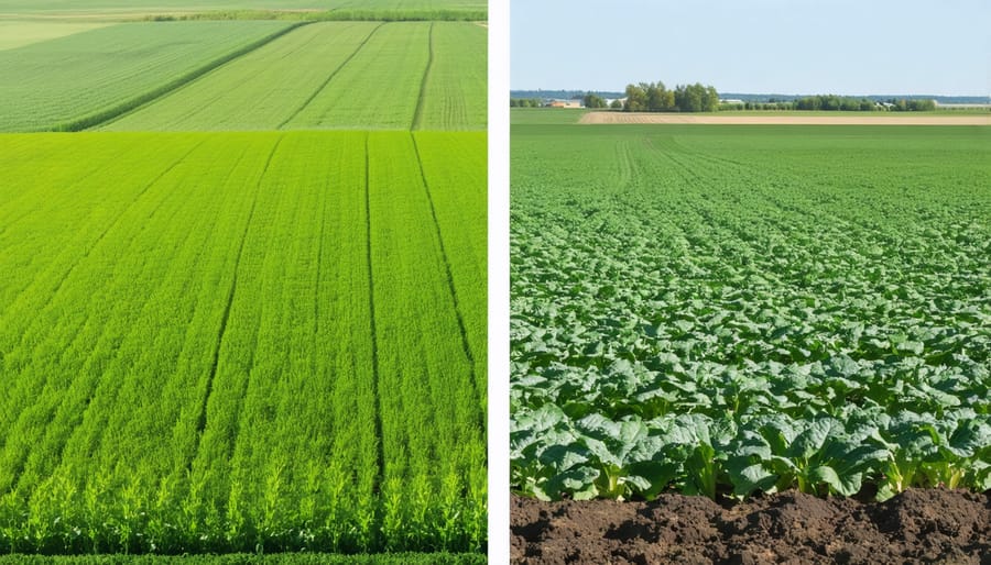 Split image showing diverse polyculture farming on left and single-crop monoculture on right