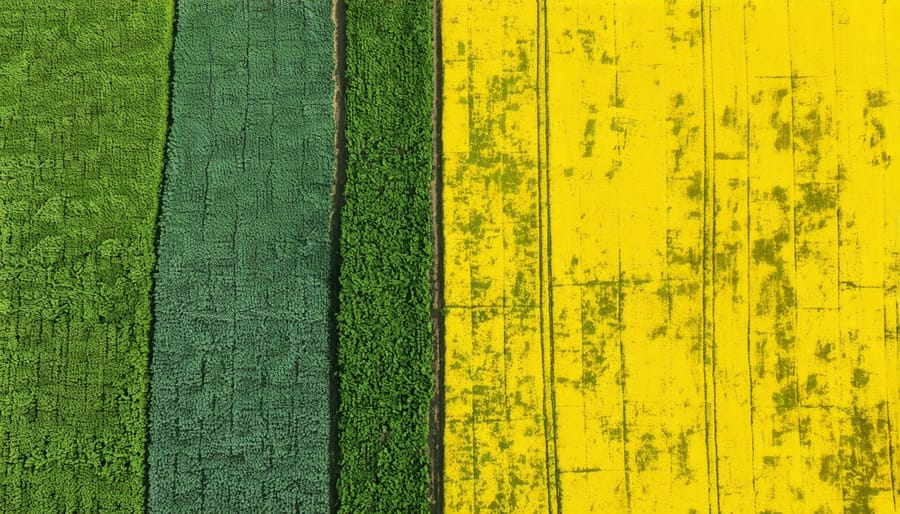 Split aerial photograph showing diverse multicolored farm fields on one side and uniform yellow canola field on the other