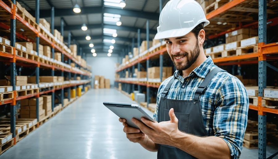 Agricultural workers using technology for supply chain management in a storage warehouse