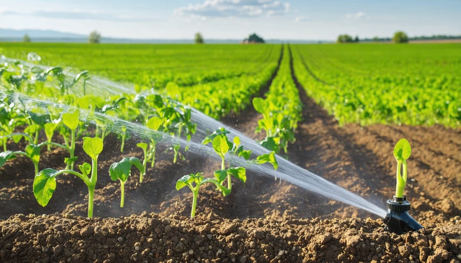 Close-up view of drip irrigation lines delivering water to crop rows
