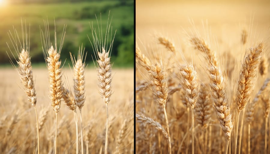 Side-by-side comparison showing thriving drought-resistant wheat next to stressed traditional wheat during drought conditions