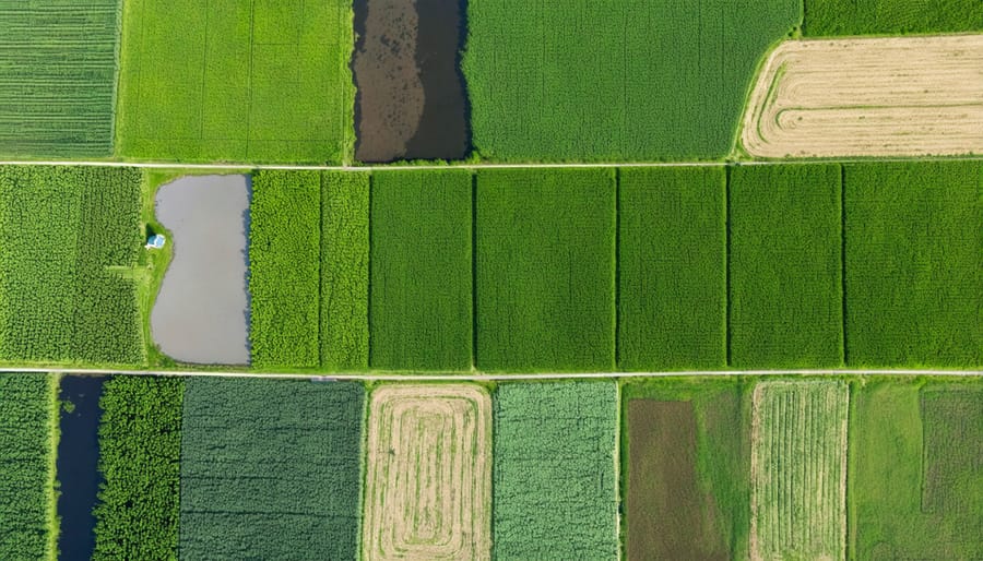 Bird's eye view of farm ecosystem showing integration of natural features with agricultural land