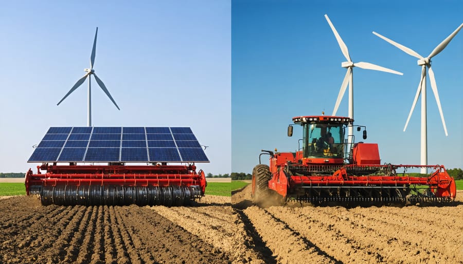 Comparison of traditional farming equipment with modern renewable energy technology on farmland