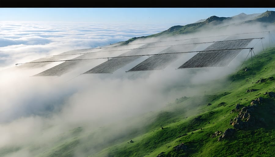 Fog water collection system using mesh panels mounted on poles against a misty landscape