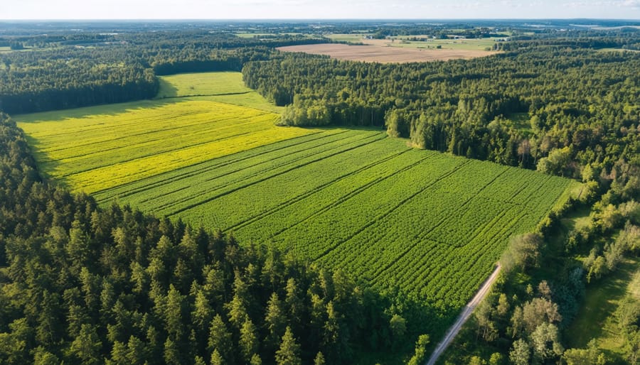 Bird's eye view of agricultural fields bordered by carefully maintained forest strips